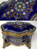 Excellent Large 6.5" Antique French Sevres or Bresse Kiln-fired Enamel Jewelry Box in Rare Navy Blue, Gems