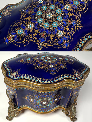 Excellent Large 6.5" Antique French Sevres or Bresse Kiln-fired Enamel Jewelry Box in Rare Navy Blue, Gems