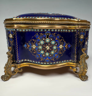 Excellent Large 6.5" Antique French Sevres or Bresse Kiln-fired Enamel Jewelry Box in Rare Navy Blue, Gems