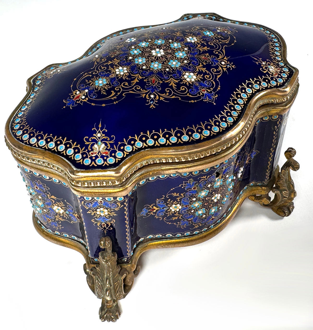 Excellent Large 6.5" Antique French Sevres or Bresse Kiln-fired Enamel Jewelry Box in Rare Navy Blue, Gems