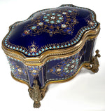 Excellent Large 6.5" Antique French Sevres or Bresse Kiln-fired Enamel Jewelry Box in Rare Navy Blue, Gems