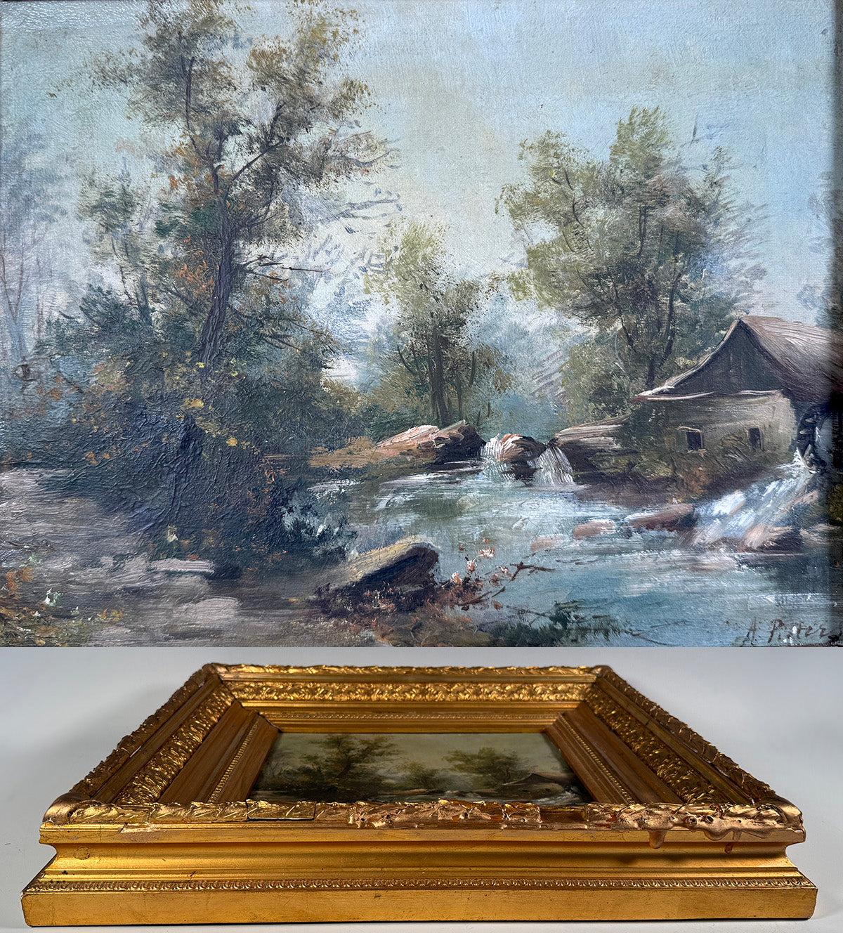 Antique French Oil Painting Landscape in Heavy Wood Frame, Fontainebleau School, Artist Signed