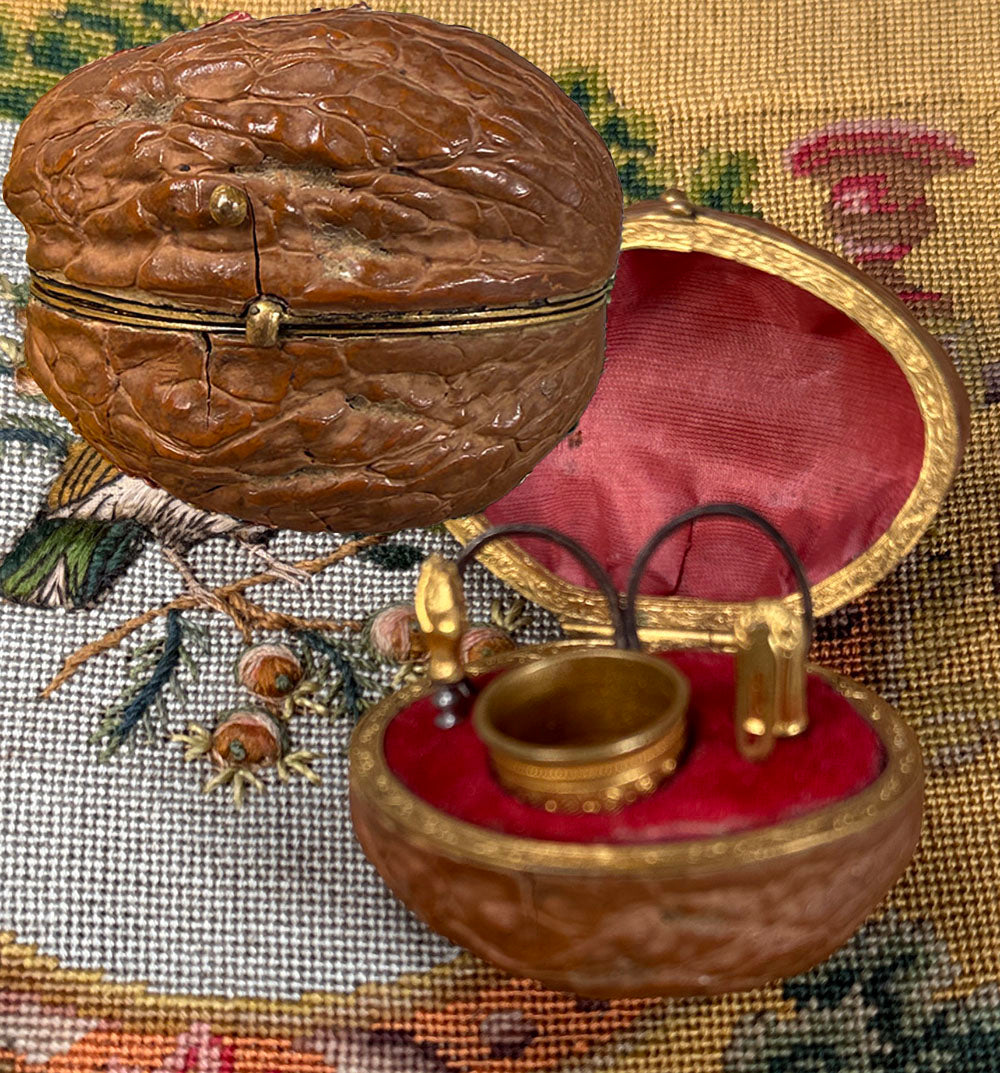Antique French 19th century Petit Novelty Sewing Tools Etui, a Real Walnut, Thimble, Scissors, Etc.