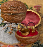 Antique French 19th century Petit Novelty Sewing Tools Etui, a Real Walnut, Thimble, Scissors, Etc.