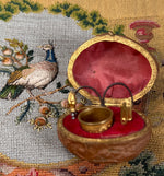 Antique French 19th century Petit Novelty Sewing Tools Etui, a Real Walnut, Thimble, Scissors, Etc.
