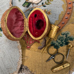 Antique French 19th century Petit Novelty Sewing Tools Etui, a Real Walnut, Thimble, Scissors, Etc.