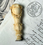 RARE Antique French Hand Carved Dieppe Ivory Sceau, Sealing Wax Seal , Armorial Crest Monogram