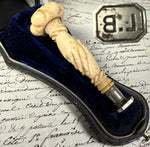 RARE Antique French Hand Carved Dieppe Ivory Clasping Hands Sceau, Sealing Wax Seal , L B Monogram