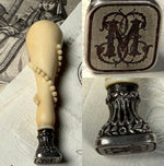 Fine Antique Early 1800s French Hand Carved Dieppe, France Ivory Sceau, Wax Seal, Elegant Engraved Monogram