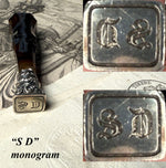 S D Monogram Antique French or Bohemian Banded Agate and Silver Sceau, Sealing Wax Seal