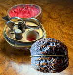 Antique French 19th century Petit Novelty Sewing Tools Etui, a Real Walnut, Pocket Knife, Scissors, Etc.