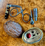 Antique French 19th century Petit Novelty Sewing Tools Etui, a Real Walnut, Pocket Knife, Scissors, Etc.