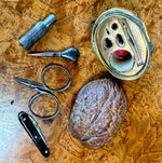 Antique French 19th century Petit Novelty Sewing Tools Etui, a Real Walnut, Pocket Knife, Scissors, Etc.
