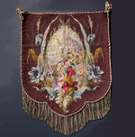 Antique English Victorian Era Beaded Needlepoint Large Fire Screen with Lush Fringe, c. 1850s