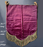 Antique English Victorian Era Beaded Needlepoint Large Fire Screen with Lush Fringe, c. 1850s