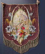 Antique English Victorian Era Beaded Needlepoint Large Fire Screen with Lush Fringe, c. 1850s