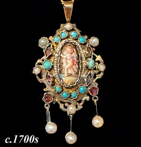 RARE 18th Century French 18k Gold and Silver Pendant, Kiln-fired Enamel Plaque, Gems, Pearls Locket