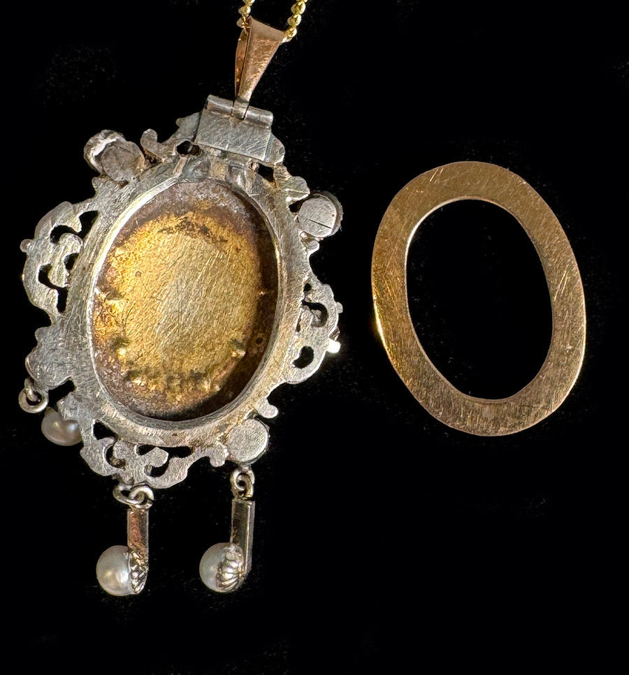 RARE 18th Century French 18k Gold and Silver Pendant, Kiln-fired Enamel Plaque, Gems, Pearls Locket