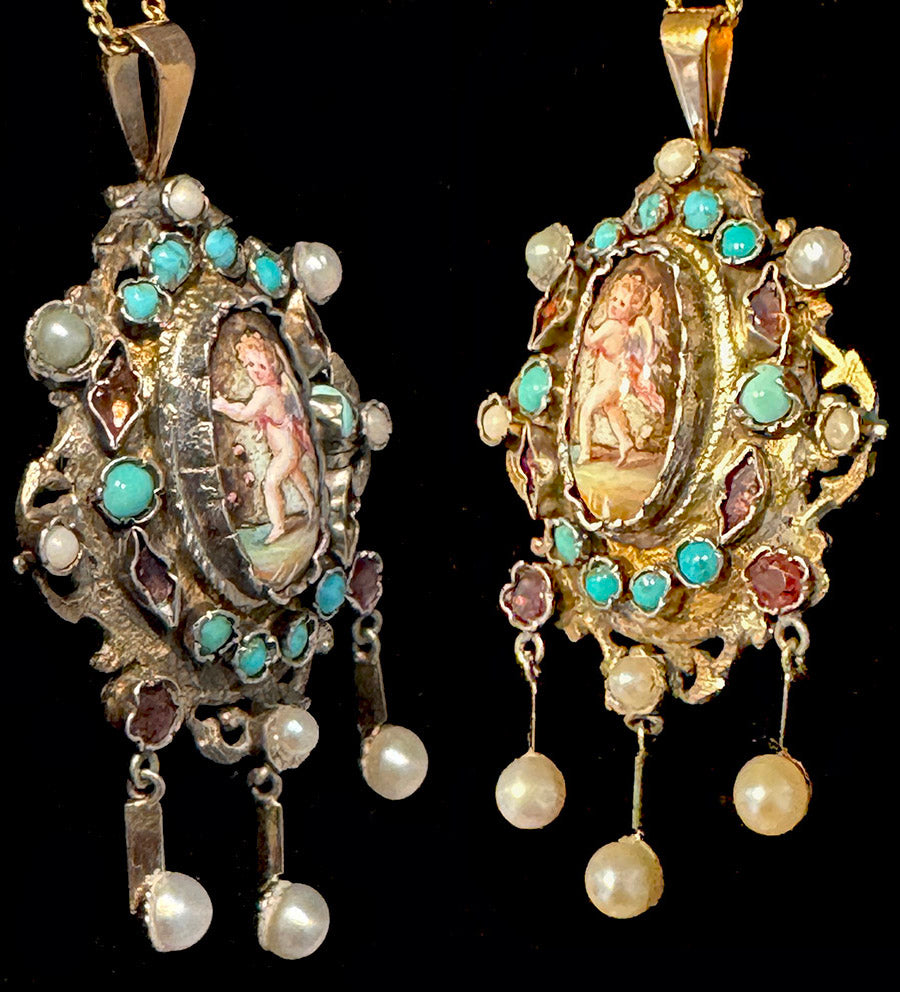 RARE 18th Century French 18k Gold and Silver Pendant, Kiln-fired Enamel Plaque, Gems, Pearls Locket