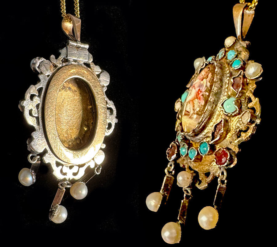 RARE 18th Century French 18k Gold and Silver Pendant, Kiln-fired Enamel Plaque, Gems, Pearls Locket