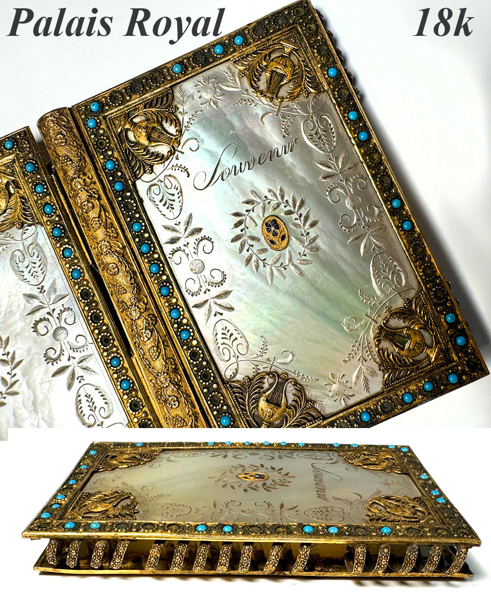 Antique French Palais Royal Mother of Pearl, Ormolu Souvenir Notebook Aide Memoire 18k w Turquoise