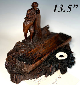 Large 13.5" Desk Stand Inkwell in Hand Carved Wood Black Forest with Figure of a Man