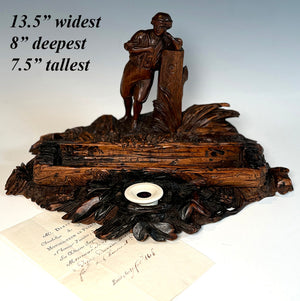 Large 13.5" Desk Stand Inkwell in Hand Carved Wood Black Forest with Figure of a Man
