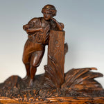 Large 13.5" Desk Stand Inkwell in Hand Carved Wood Black Forest with Figure of a Man