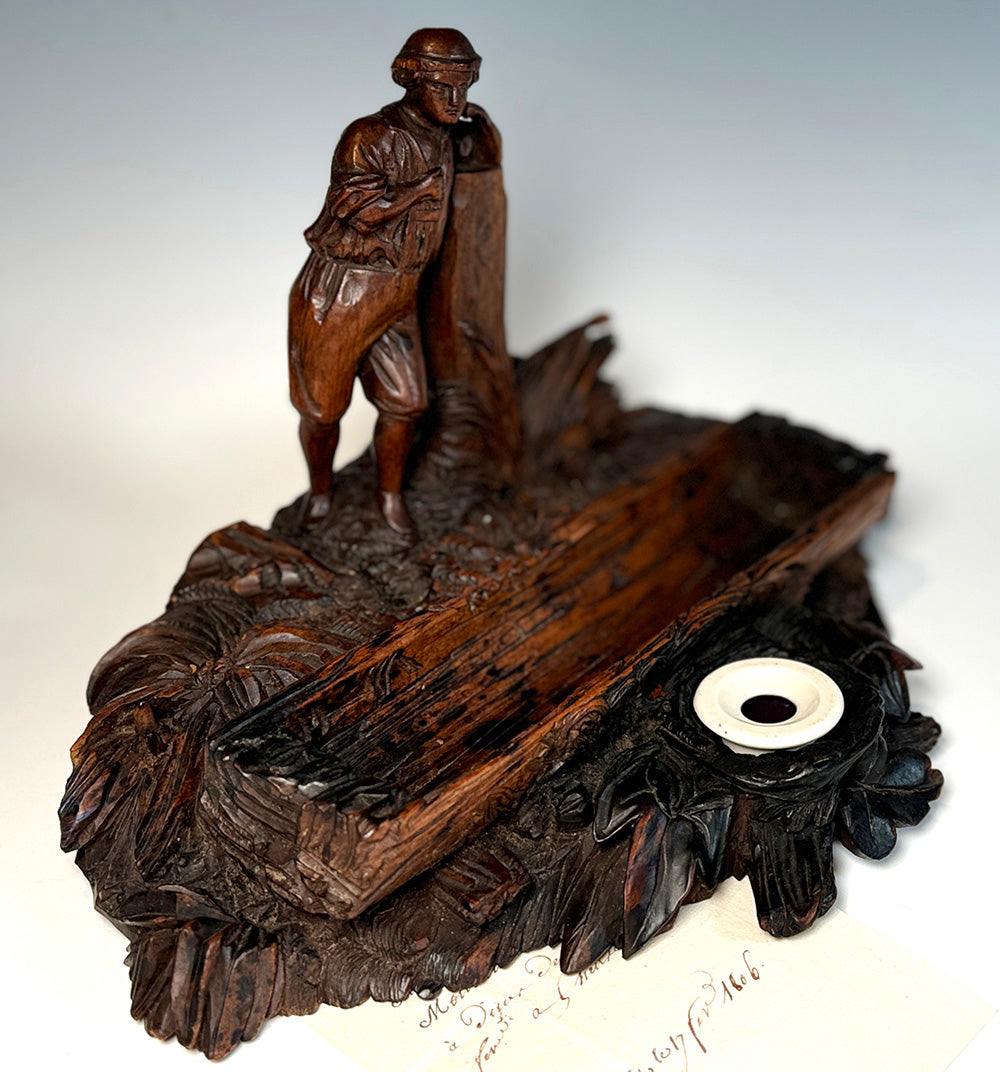 Large 13.5" Desk Stand Inkwell in Hand Carved Wood Black Forest with Figure of a Man