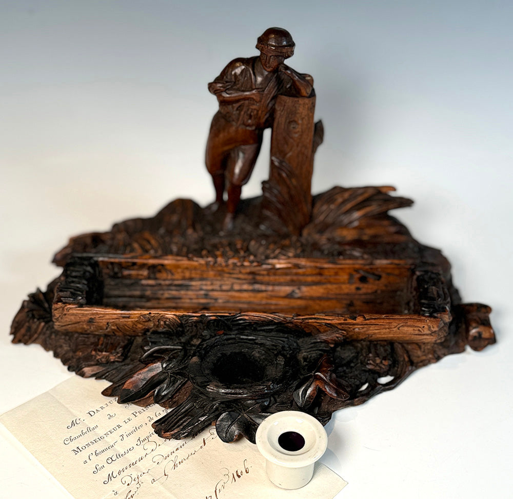 Large 13.5" Desk Stand Inkwell in Hand Carved Wood Black Forest with Figure of a Man