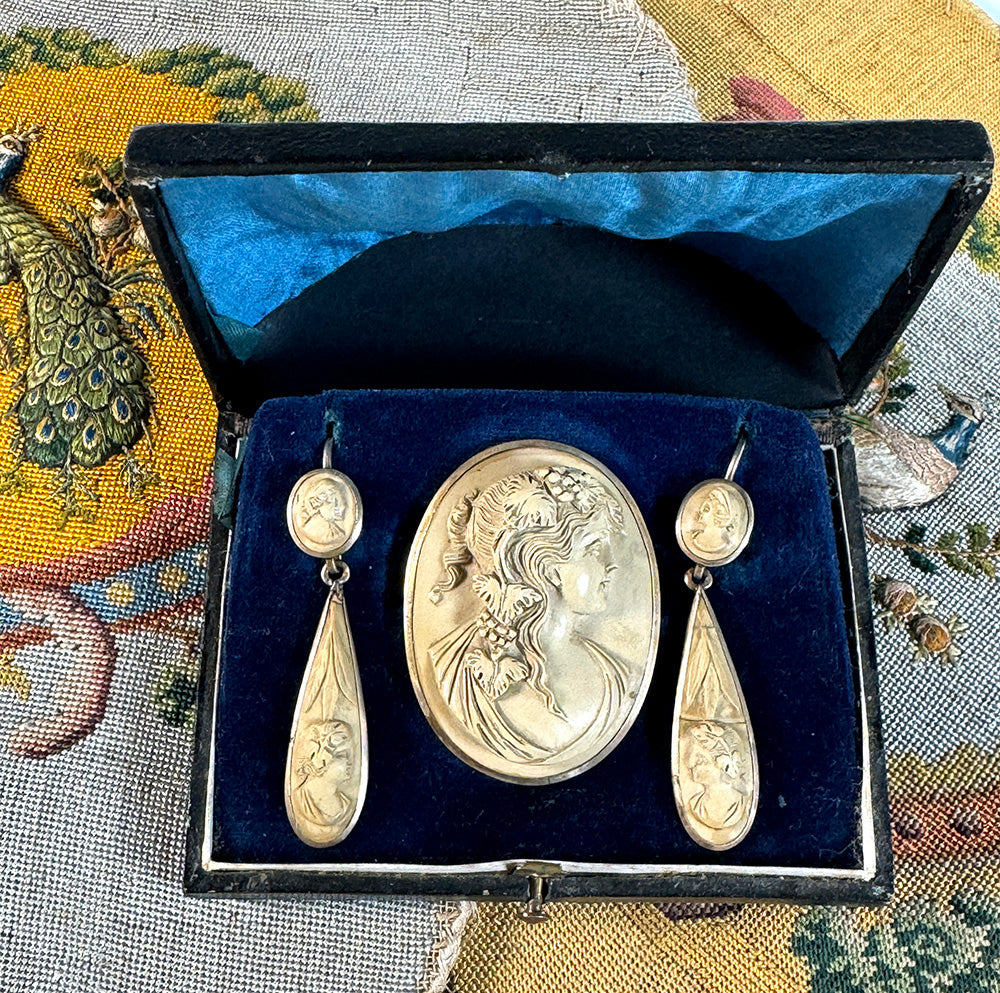 Antique Victorian Era Carved Lava Cameo Brooch, Earrings in Parure Original Box, 10k Gold