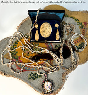 Antique Victorian Era Carved Lava Cameo Brooch, Earrings in Parure Original Box, 10k Gold