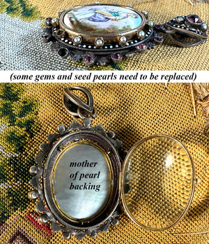 18th to Early 19th Century French Sterling, 12K Gold Locket Pendant With Kiln-fired Enamel Plaque, Seed Pearls