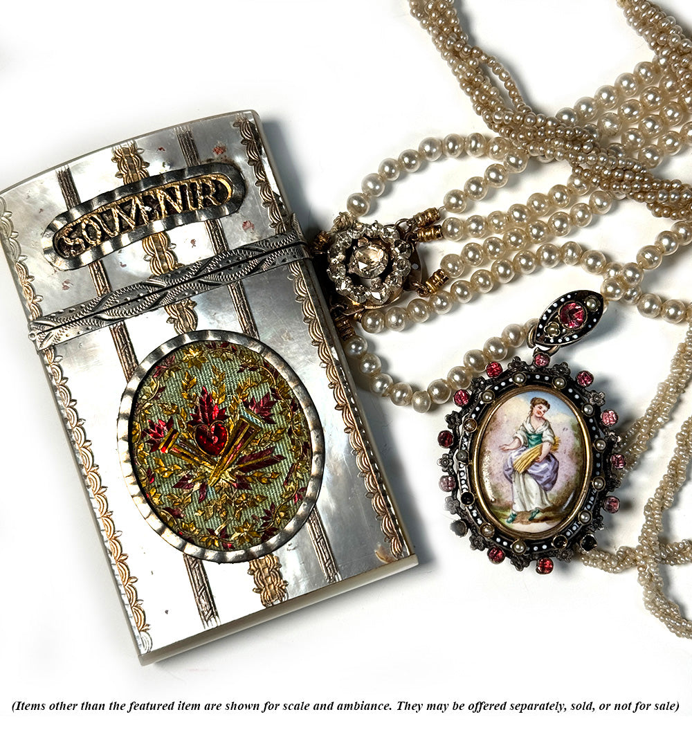 18th to Early 19th Century French Sterling, 12K Gold Locket Pendant With Kiln-fired Enamel Plaque, Seed Pearls