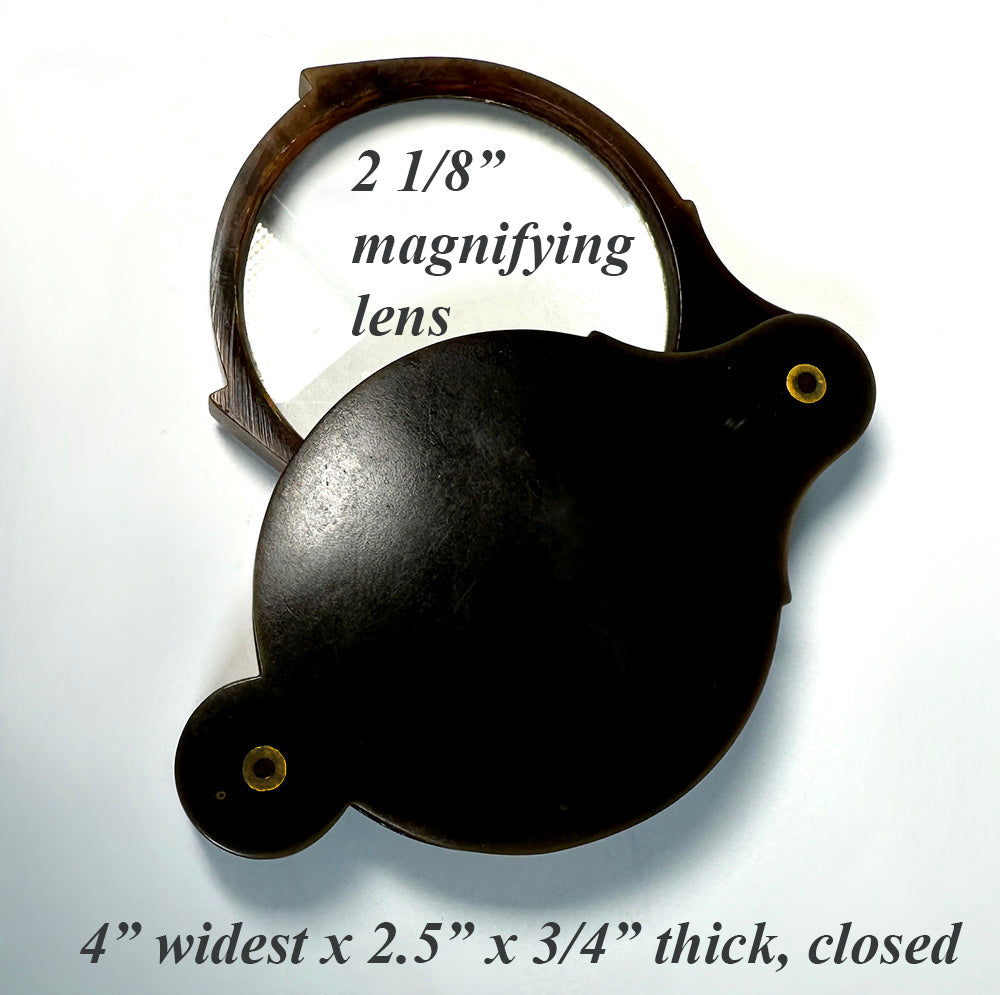 Large 4" Antique French Folding Magnifying Glass in Fine Horn Frame or Self-Case