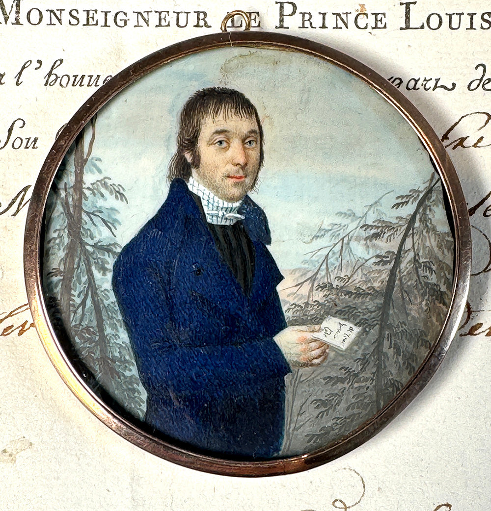 Rare Fine Antique French 18th Century Revolutionary Portrait Miniautre, Man with Letter, Locket Frame