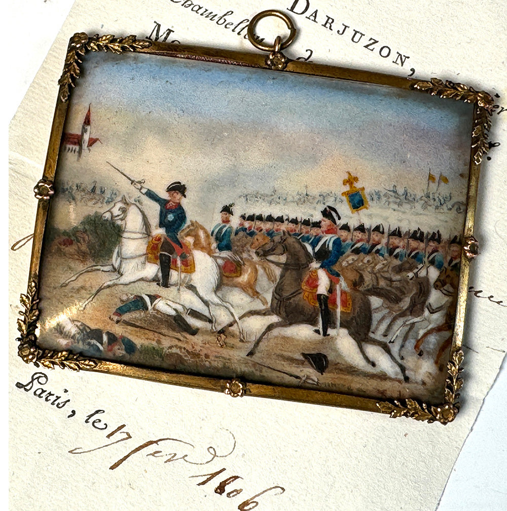 Fabulous 3.5" Miniature Portrait Painting of Napoleon Leading His Armies in Battle, Early 1800s