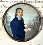 Rare Fine Antique French 18th Century Revolutionary Portrait Miniautre, Man with Letter, Locket Frame