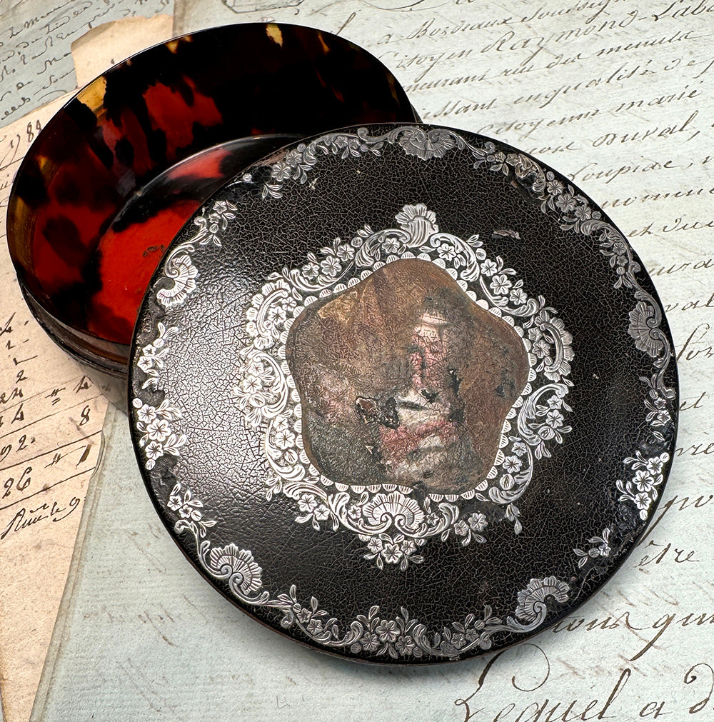 Antique French 18th Century Vernis Martin Table Snuff Box Inlaid in Silver, Portrait Up Top