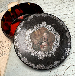 Antique French 18th Century Vernis Martin Table Snuff Box Inlaid in Silver, Portrait Up Top