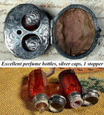 RARE Antique French Cranberry Glass, Silver Scent or Perfume Caddy, Nécessaire, is a Real Walnut Shell