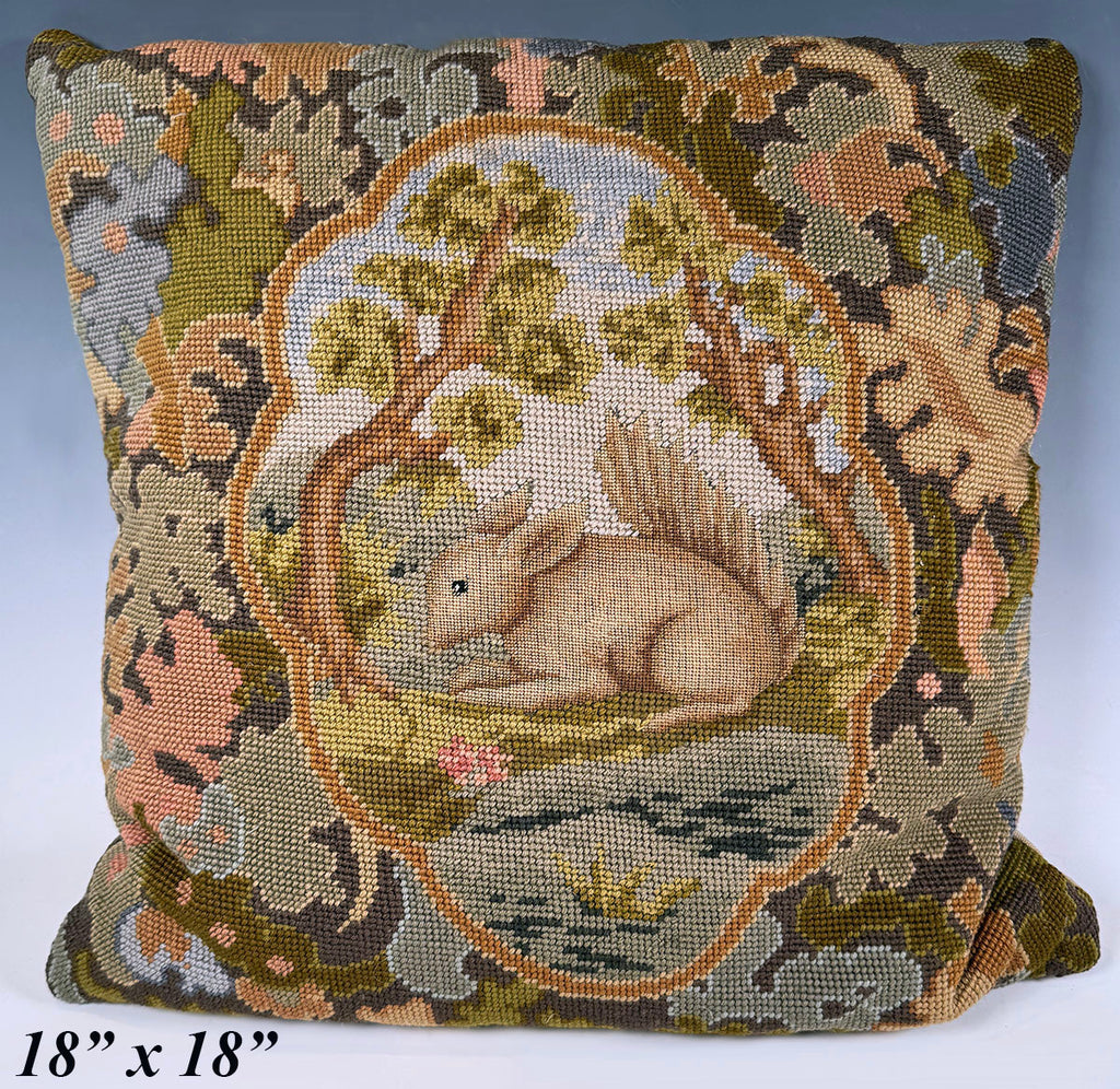 Pillow 1 of 4: Antique Needlepoint Pillow with Squirrel, Foliage, Clean with French Down Pillow Form