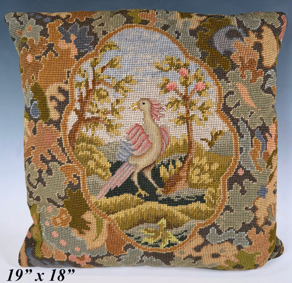 Pillow 2 of 4: Antique Needlepoint Pillow with Bird, Foliage, Clean with French Down Pillow Form