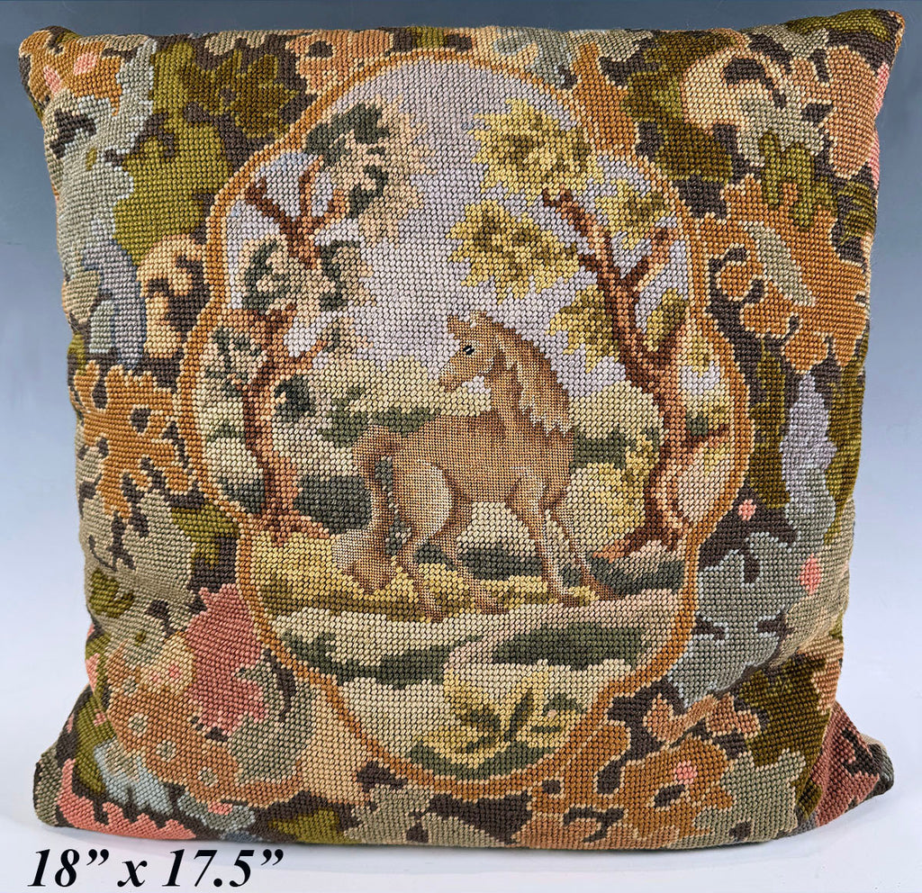 Pillow #3 of 4: Antique Needlepoint Pillow with Horse, Foliage, Clean with French Down Pillow Form