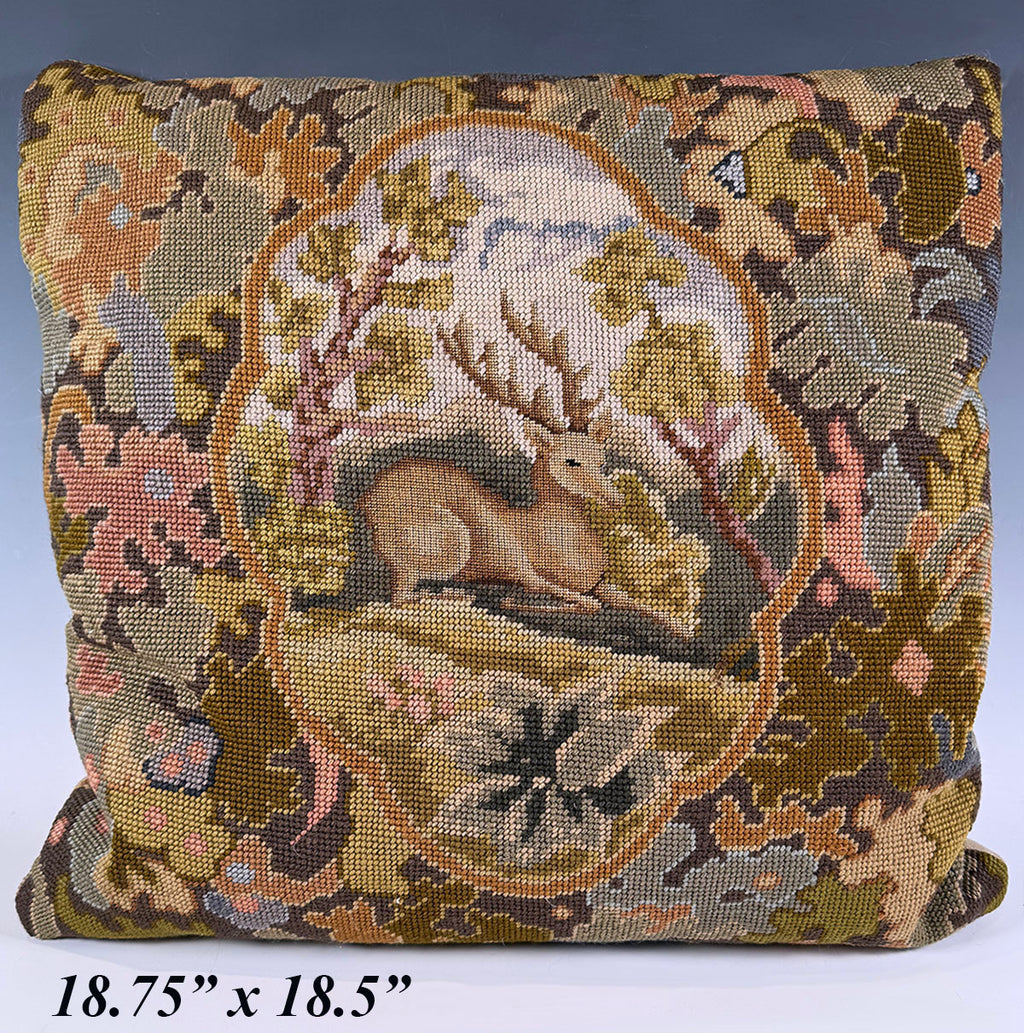 Pillow #4 of 4: Antique Needlepoint Pillow with Stag, Foliage, Clean with French Down Pillow Form