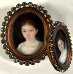 Charming c.1840s Portrait Miniature of a Child, Young Girl in French Paste Gem Set Easel Frame