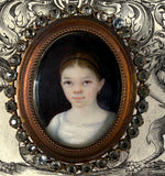 Charming c.1840s Portrait Miniature of a Child, Young Girl in French Paste Gem Set Easel Frame