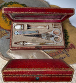 Fine Antique French Palais Royal 18k Mother of Pearl Sewing Nécessaire, Etui, Set Figural Scissors, 7 Tools