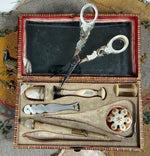 Fine Antique French Palais Royal 18k Mother of Pearl Sewing Nécessaire, Etui, Set Figural Scissors, 7 Tools