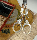 Fine Antique French Palais Royal 18k Mother of Pearl Sewing Nécessaire, Etui, Set Figural Scissors, 7 Tools